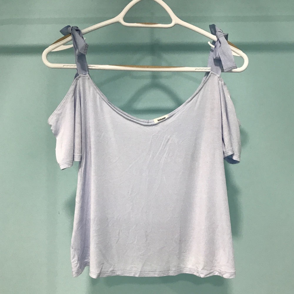 Garage Light Blue Cold Shoulder Ribbon Strap Top